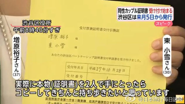 日本首例 原宝冢演员东小雪、增原裕子登记结