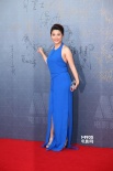 演员颜丙燕亮相红毯挥手致意 着蓝色长裙显清凉