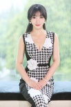 柳岩黑白千鸟格裙优雅端庄 现身南京为新片站台