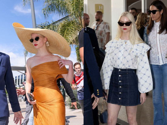 安雅·泰勒-乔伊抵达尼斯 橙色裹身裙优雅度假风